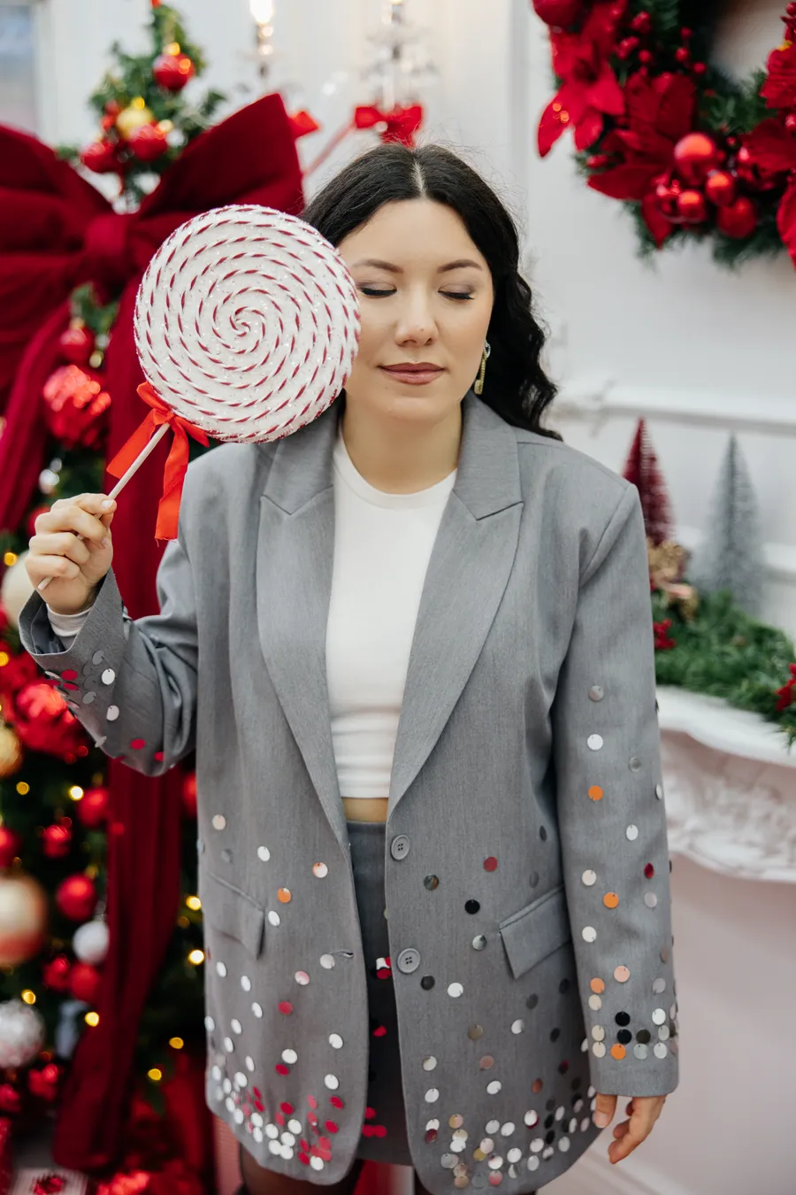 Payet Detaylı Gri Blazer Ceket