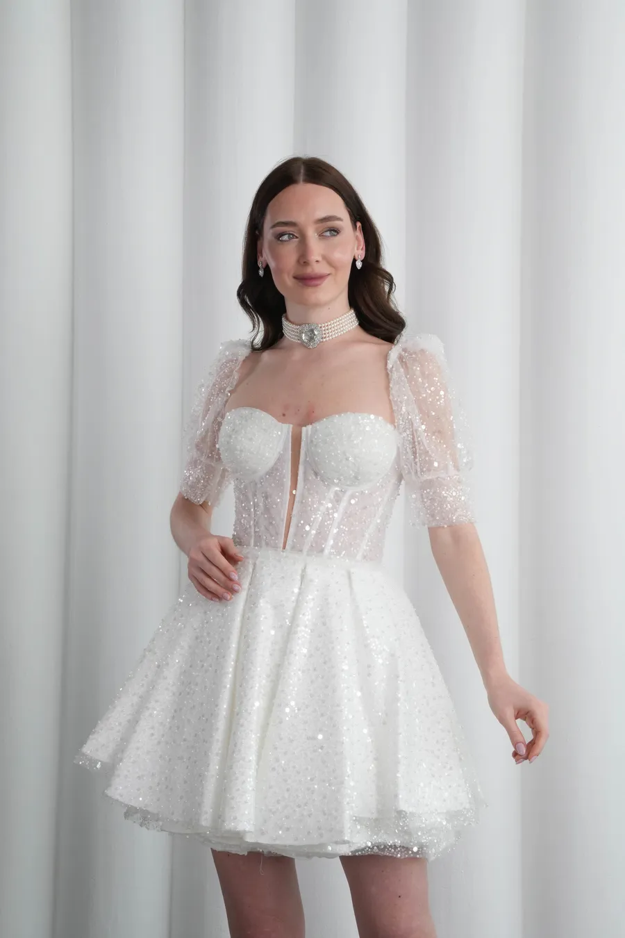 Beyaz Mini After Elbise