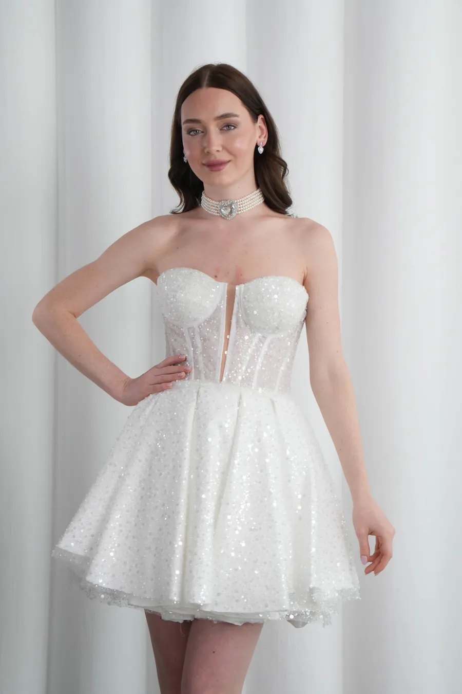 Beyaz Mini After Elbise