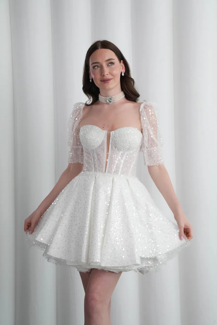 Beyaz Mini After Elbise