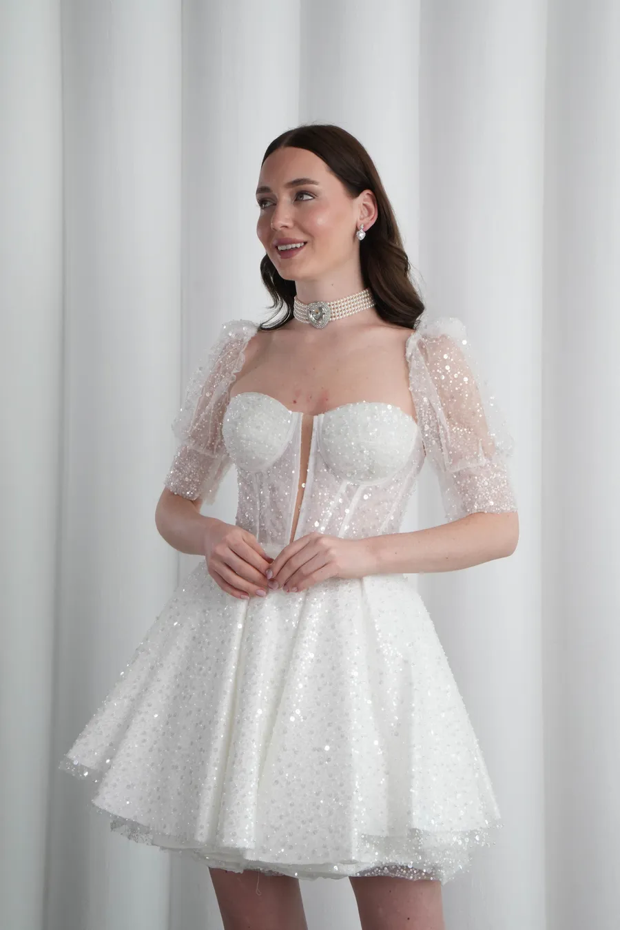 Beyaz Mini After Elbise