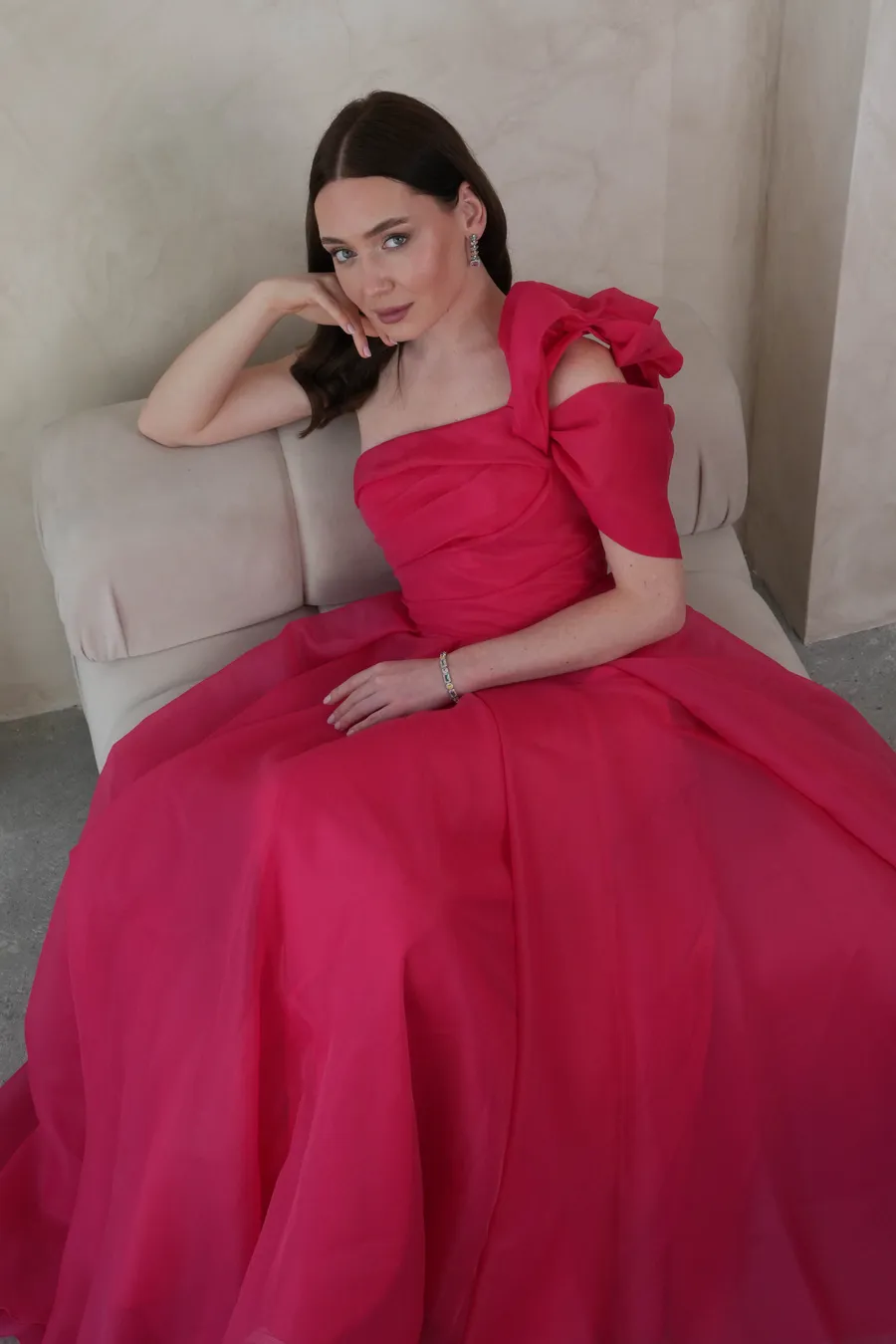 Fuşya Uzun Şifon Elbise