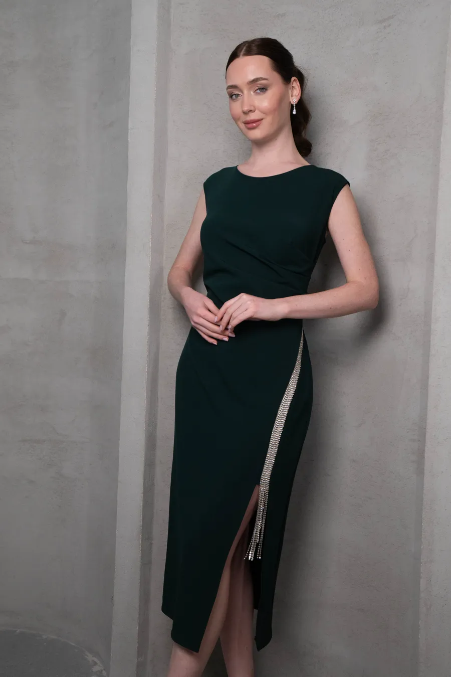 Gri Taş Detaylı Haki Elbise