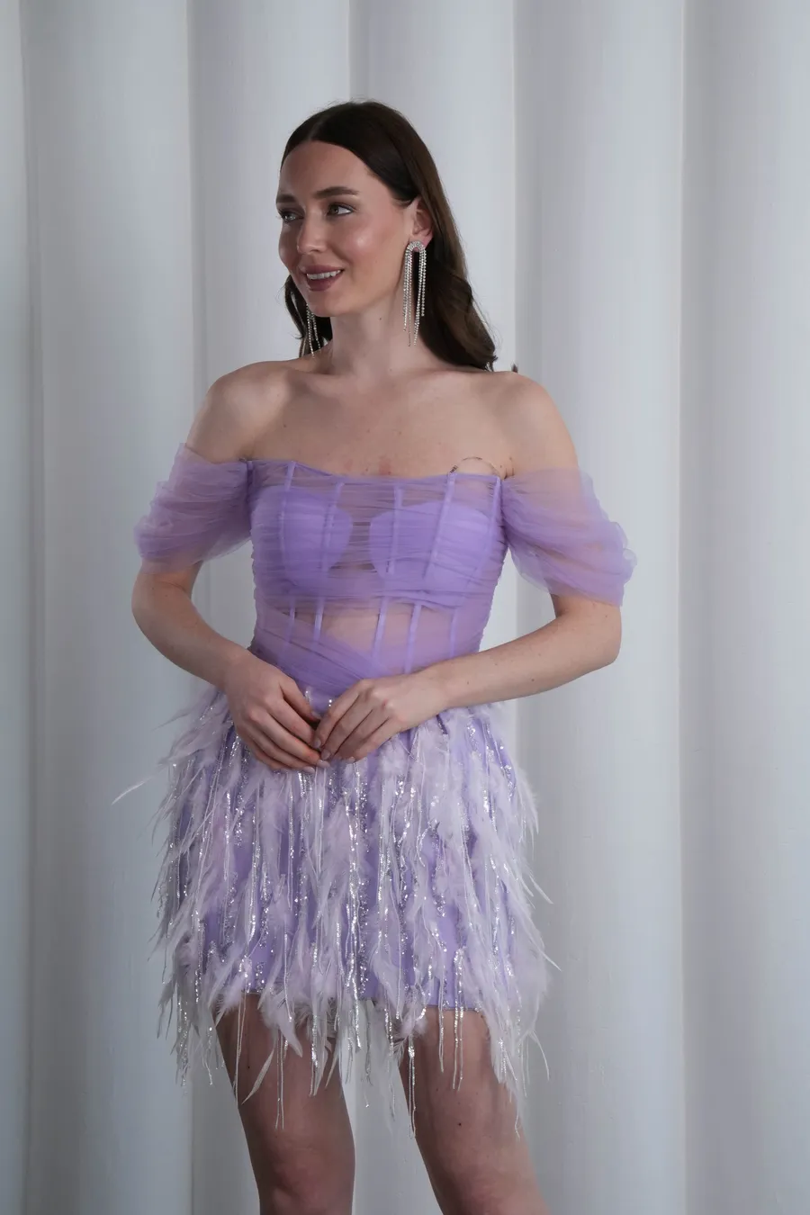 Otriş Detaylı Lila Mini Elbise