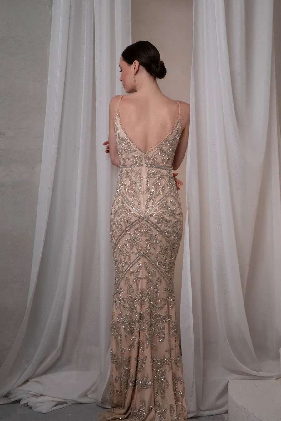 Somon Rengi Taş İşlemeli Uzun Elbise