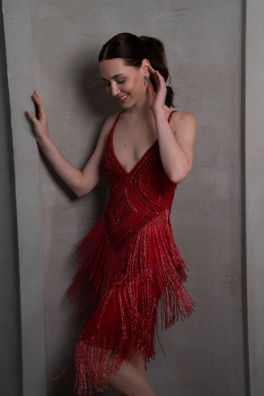 Taş İşlemeli Kırmızı Elbise