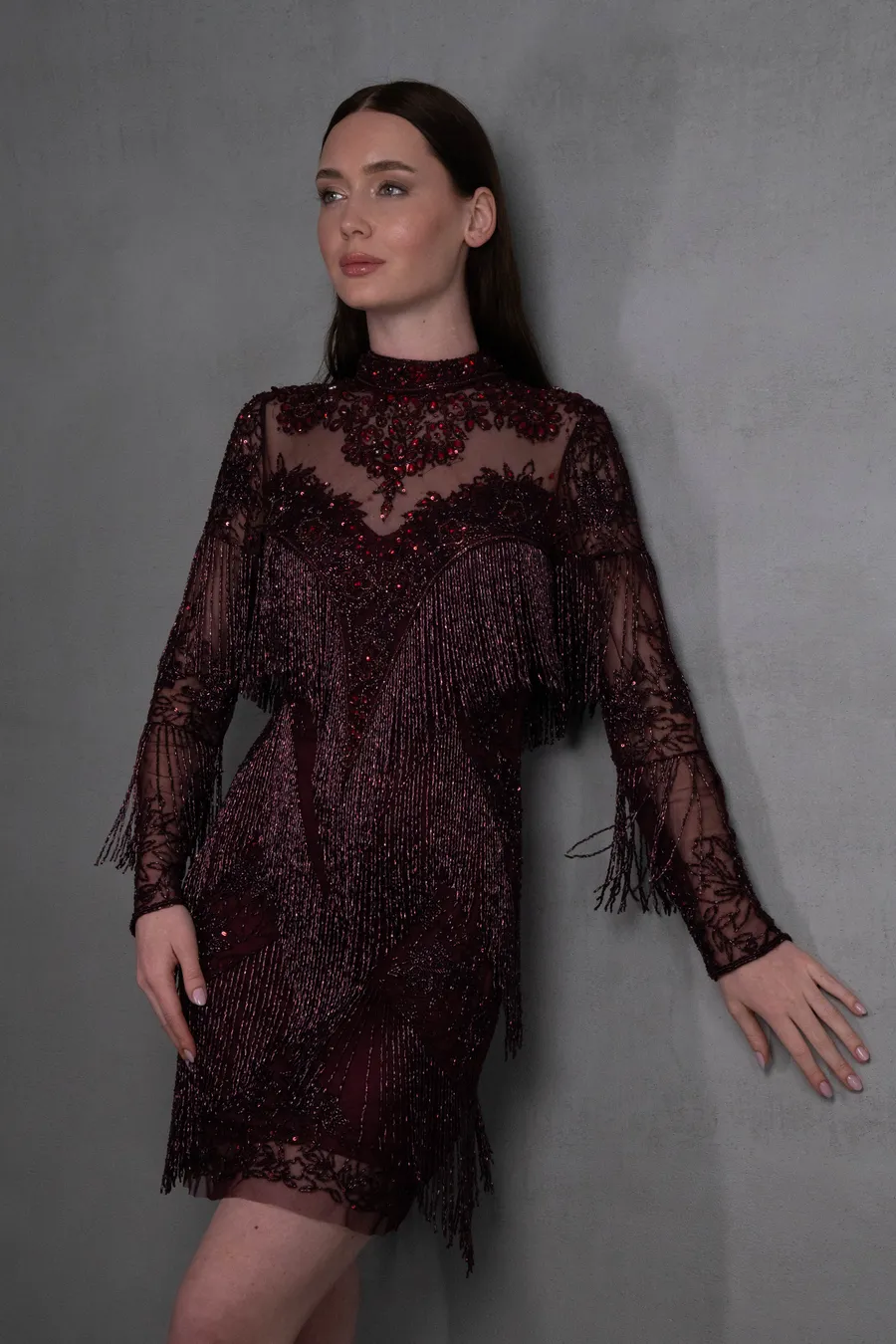 Taş İşlemeli Bordo Tasarım Elbise