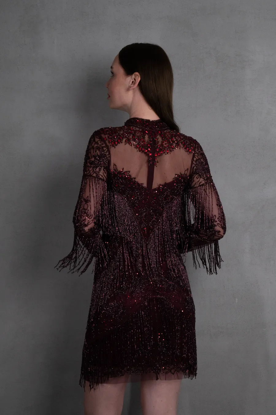 Taş İşlemeli Bordo Tasarım Elbise