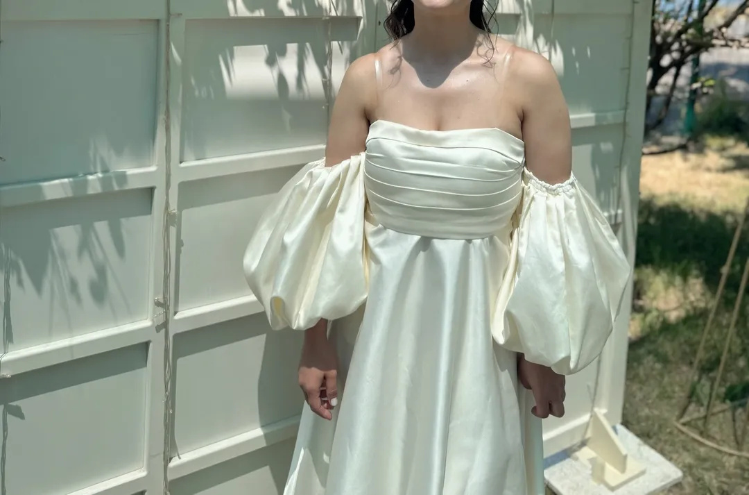 Balon Kol Uzun Krem Elbise