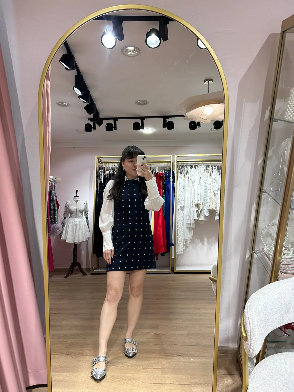 Gümüş Taş Detaylı Lacivert Elbise